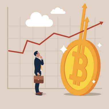 Girişimci yatırımcı, kırmızı çizelge ve grafikle Bitcoin sembolünden yükselen okları yüksek görüyor. Bitcoin BTC fiyat yükselişte yeni rekor konsepti.