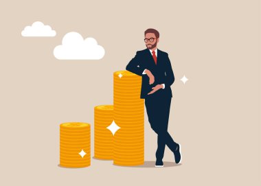Businessman standing with crossed legs and leaning on pile of coins, vector businessman character illustration.
