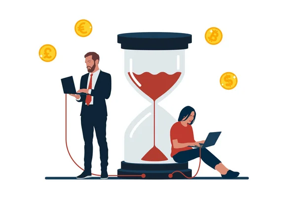 Time Management Businessman Computer Connected Hourglass Work — стоковый вектор