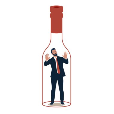 Alkol ve bağımlılık, şişenin içinde kapana kısılmış genç erkek, sağlık sorunları..