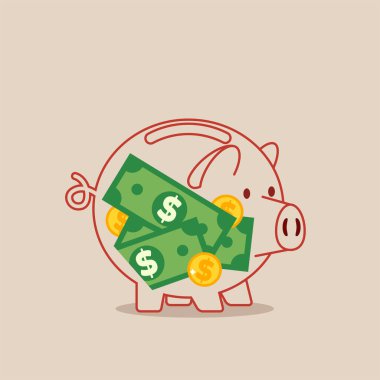 Transparent banking service, financial industry. A transparent piggy bank with paper money and coins inside.