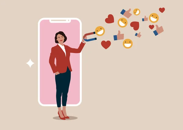 Beautiful woman lady stand out from mobile smartphone using magnet to draw social media emoji interaction. Influencer marketing, digital social media for marketing campaign or advertising concept.
