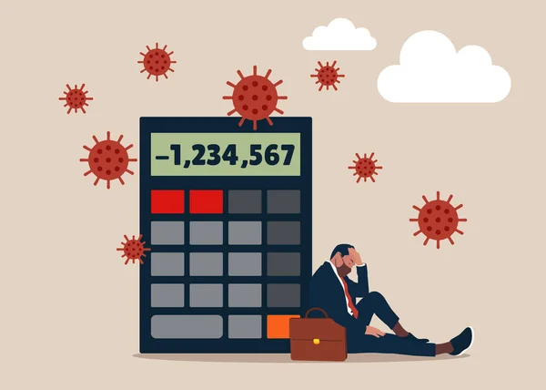 Depressed Entrepreneur Sitting Calculator Negative Numbers Virus Pathogen Money Loss — Διανυσματικό Αρχείο