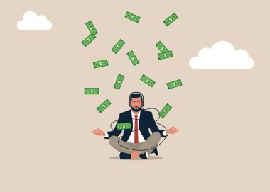 Sakin girişimci, düşen para banknotlarıyla meditasyon yapıyor. Para veya finansal zihniyet, zengin olmak veya büyüme geliri, başarı yatırımı ve tasarruf veya iş büyütme tutumu hırsı. 