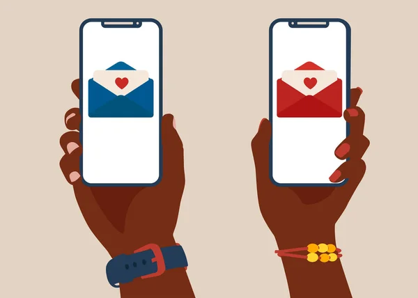 Afro Américain Mains Féminines Masculines Tenant Smartphone Avec Message Amour — Image vectorielle