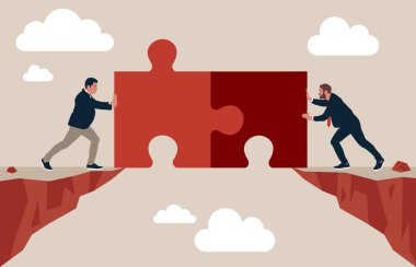 Business people connect jigsaw piece together to build the bridge and cross the gap. Teamwork to solve problem together, collaborate to success in work, partnership.