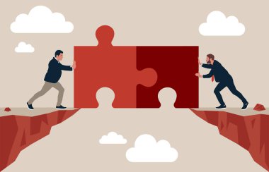 Business people connect jigsaw piece together to build the bridge and cross the gap. Teamwork to solve problem together, collaborate to success in work, partnership. clipart