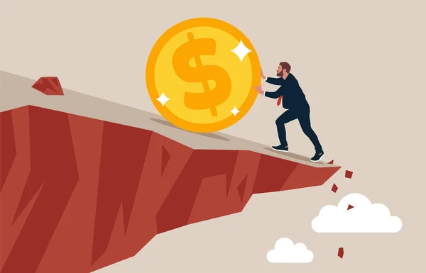 企业家投资者把美元从悬崖上推下来 推动美元避免价格下跌 货币危机或恐慌性抛售 — 图库矢量图片