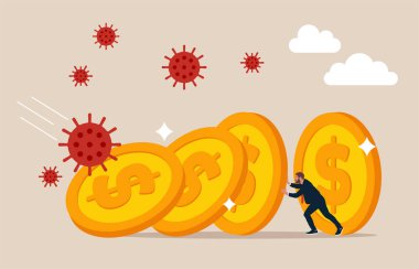 İş adamı Corona virüsünden madeni para sızdırarak kayıp metaforuna saldırıyor. COVID-19 Coronavirus salgını finansal kriz politikası ve iş dünyasının kavramı sürdürmesine yardımcı oluyor.