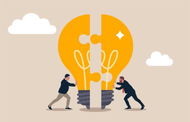 Girişimci ekip üyeleri yapboz ampulünü birbirine bağlar. İş başarısı, yenilik ve yaratıcılık için takım çalışması veya ortaklık sorunları çözmek, beyin fırtınası veya fikir bağlamak için.