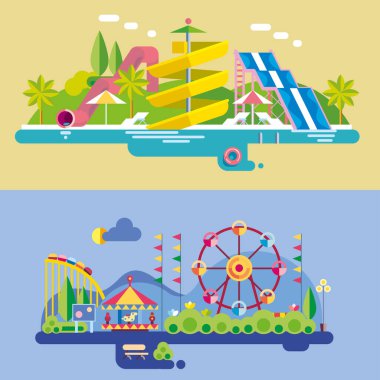 Modern flat design conceptual illustration. Amusement park and aqua park.
