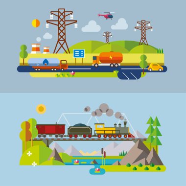 Düz tarzdaki farklı manzaralar - şehir, kırsal, ülke, muhteşem, şehir, dağ, seyahat.