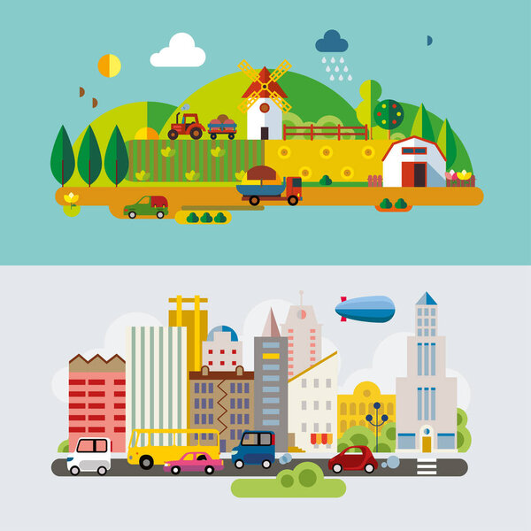 Set of different landscapes in the flat style - urban, rural, country, fabulous, city, mountain, travel.