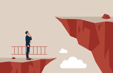 Kendine güveni olan girişimci merdiveni daha yüksek bir uçuruma tırmanmak üzere tutuyor. Problemi çözmek için çözüm, iş büyümesi için motivasyon, iyileşme veya zorluk veya engeli aşmak için cesaret.