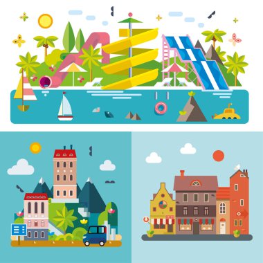 Set of different landscapes in the flat style - urban, rural, country, fabulous, city, mountain, travel, water park