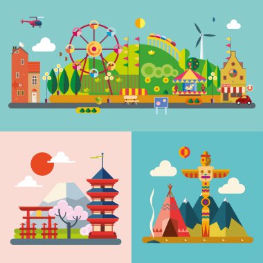 Modern düz tasarım kavramsal çizim. Eğlence parkı, Japonya ve ABD 'nin doğası..