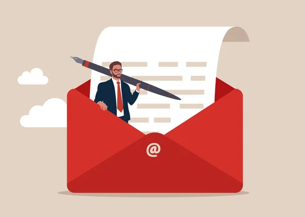 Slimme Ondernemer Het Openen Van Mail Enveloppe Met Vulpen Mail — Stockvector