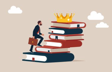 Girişimci, en tepedeki tacı elde etmek için bir yığın kitabın üzerine basar. Eğitim ya da bilgi, iş başarısı elde etmek için beceri geliştirme, öğrenme ya da öğrenim adımları atıyor. 