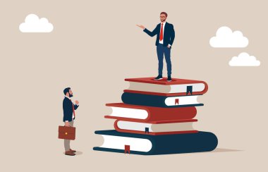 Başarılı adam ders kitaplarının tepesinde yere bakan diğer adama bak. Eğitim eşitsizliği, akademik diploma veya kurumsal önyargı, dengesizlik veya şans veya bilgiye erişim, okuldan terk.