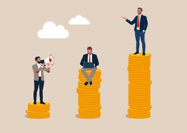 Girişimci fakir, orta ve zengin işçi servet paralarının üzerinde duruyor. Gelir açığı, kapitalizmde eşitsizlik geliri veya daha fazla gelir elde etmek için kariyer gelişimi, orta gelir tuzağı.