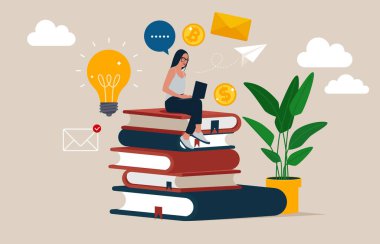 Online eğitim. Düz bir şekilde resmetmek. Kitap yığınının üzerinde oturan kız. Çevrimiçi kursların tasviri, uzaklık çalışması, kişisel eğitim, dijital kütüphane. E-öğrenme pankartı. 