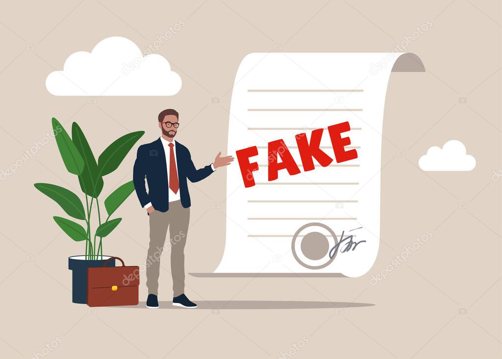 Smart entrepreneur inspector verify fake document. Fake document, wrong information verification or fake news inspection, fraud and illegal reports.