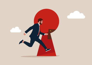 Büyük duvardaki anahtar deliğine koşan bir iş adamı, konsept iş fırsatı ve gelecekteki zorluklar. izometrik vektör çizimi.