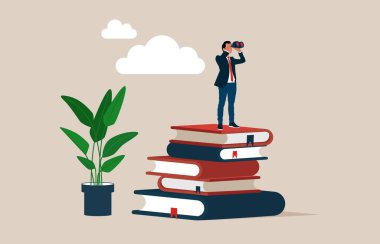 Dürbünlü bir öğrenciyle eğitim ve mesleki kariyer geleceği. Bilgi, iş, öğrenme, öğrenme ve araştırma sembolü.