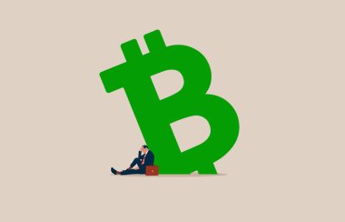 Confused male  sitting with fear on Bitcoin symbol. Fear, uncertainty and doubt acronym as FUD in crypto currency trading by spread information.