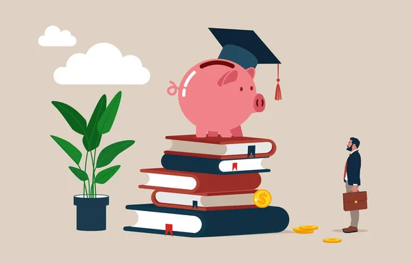 Piggy Bank Usando Chapéu Formatura Pilha Livros Escolares Moedas Dinheiro — Vetor de Stock