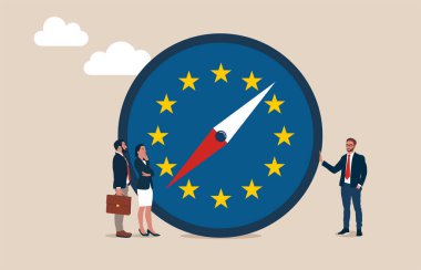 Takım Avrupa bölgesi bayrağıyla pusula ile ayakta duruyor. Brexit ve COVID-19, AB finans stratejisi veya iş ve borsa görünümünden sonra Avrupa Birliği ekonomik yönetimi. 
