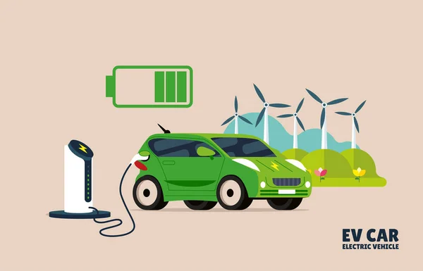 Gelecekteki ulaşım teknolojisi. Çevre için sürdürülebilir yeşil enerji. Elektrikli araba, EV araba, güneş paneli ve rüzgar türbinleri ile elektrik şarj istasyonunda araba aküsü.. 