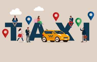 Taksi Servisi. Sarı Taksi Şoförü Yolcuları Bekliyor ve İnsanları Varış Yeri 'ne Teslim Ediyor. Sürücü Posteri, Afişi, Afişi, El ilanı, Broşürü olan Mobil Araç Çağrı Uygulaması.