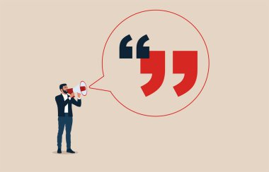 İş adamı ve işkadını tırnak işareti ile ayakta duruyorlar. İnsanları motive etmek için ilham alıntıları, iş alıntıları veya başarı elde etmek için mesaj.