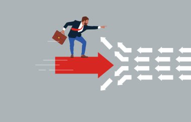 İşadamı kırmızı okla emirlere karşı geliyor. Daha İyi Kararlar Verin.