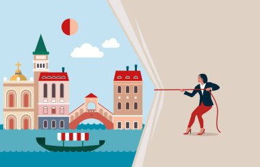 İş kadını boş kumaşı çekiyor. Metin için yer.