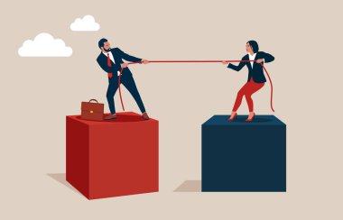 İş kadını ve işadamı halat çekerler. Güçlü rekabet.