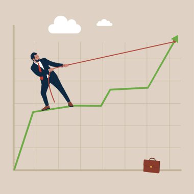 Performans grafiğini çeken adam tüm çabasıyla yükseliyor. Büyüme veya iyileşme, mali faiz oranı veya kripto ve borsa iadesi.