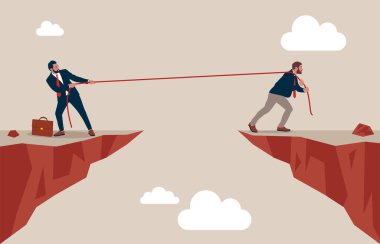 İş adamı, arkadaşını uçuruma çekmek için bir ip kullanır..