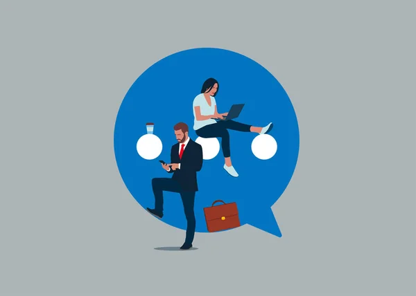 Businessman and woman sitting on speech bubble sign. Discussion of business people. Businessmen discuss news, chat, social network, dialogue speech bubbles.