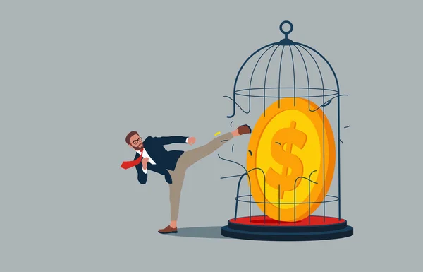 Karate Businessman Try Bring Dollar Coins Out Cage Metaphor Financial — Image vectorielle