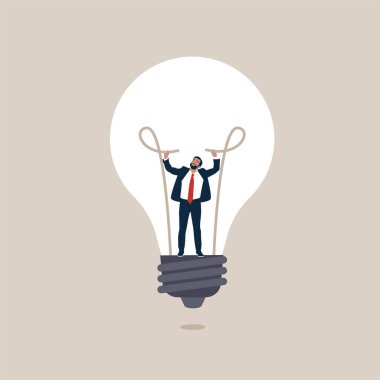İş adamı ya da yönetici fikir ampulünü takın. Yeni iş fikirleri doğurdu. Yaratıcılık, yenilik. Süreçler ve çözümler.