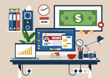 Bilgisayarlar ve diğer süslemelerle modern bir yaratıcı ofis çalışma alanı tasviri, web siteleri ve mobil web siteleri için kullanılabilir.