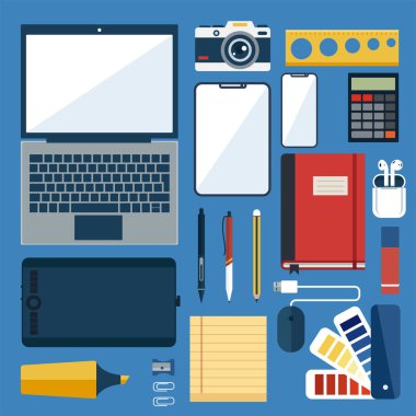 Office workplace with supplies and elements in flat design vector illustration.