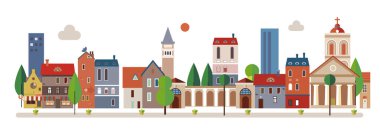 Cute houses, city buildings. Cosy town panorama with home exteriors. Urban street with chimneys, smoke. Flat vector illustration isolated on white background.