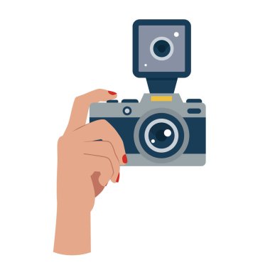 Image of hand with photo camera on empty white background.
