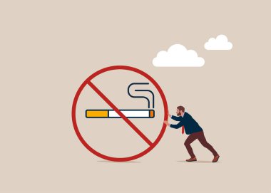 Man pushing stop smoking sign defines to a man is fighting to quit smoking. No smoking banner. Vector Illustration.