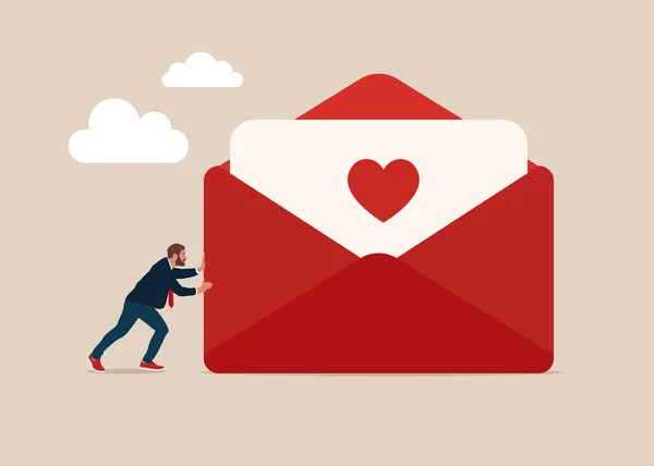 Man Love Pushes Big Love Envelope Metaphor Love Letter Romantic —  Vetores de Stock