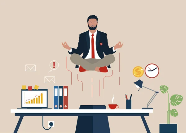 Ofisteki Yoğun Çalışmanın Stresli Duygularını Yatıştırmak Için Yoga Yapan Bir — Stok Vektör
