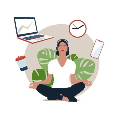 Zaman yönetimi konsepti. İş kadını, arka planda ofis simgeleriyle meditasyon ve yoga yapıyor. Vektör illüstrasyonu. 